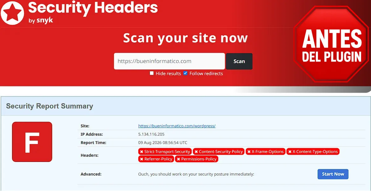 Resultado antes de configurar cabeceras HTTP