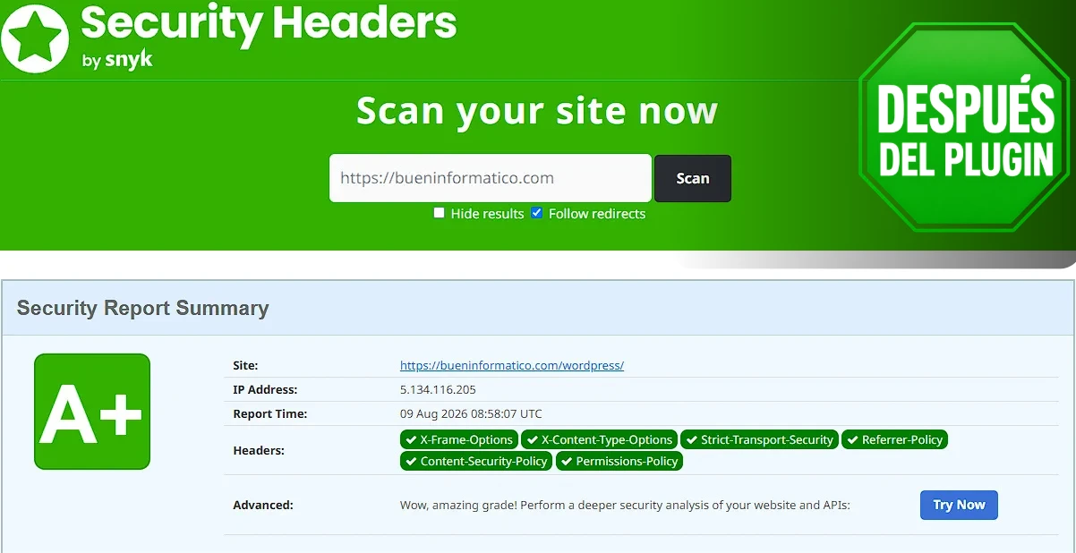 Resultado después de configurar cabeceras HTTP
